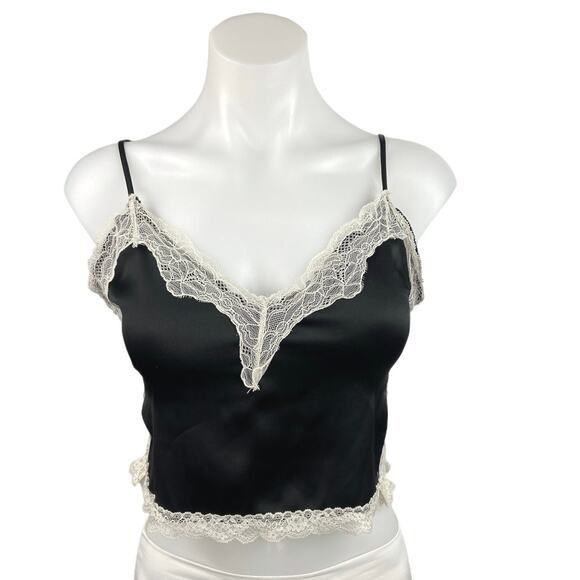 Garage Women Black V-Neck Adjustable Spaghetti Strap Satin Lace Cami Tank Top XS - Picture 1 of 4